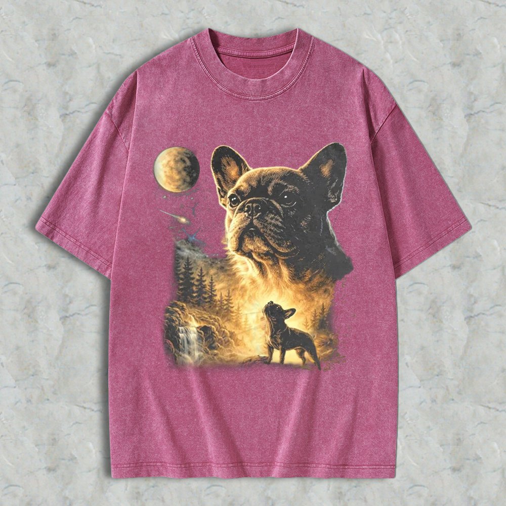 French Bulldog Howling At Moon Forest Night Sky Washed T-shirt