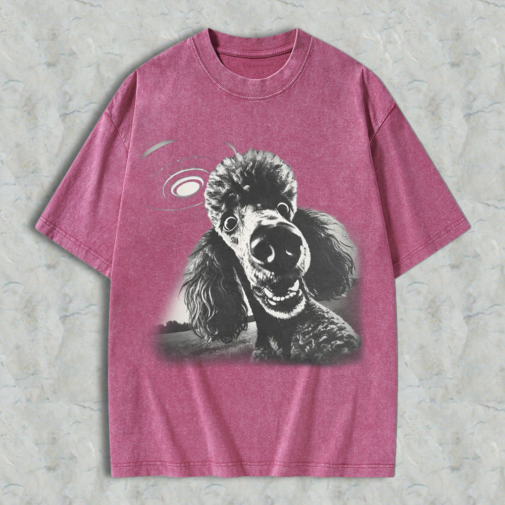 Funny Poodle Dog With Ufo Alien Spaceship Graphic Washed T-shirt