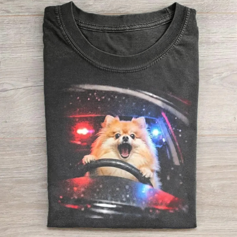 Funny Dog Driving Car With Police Lights Graphic Washed T-shirt