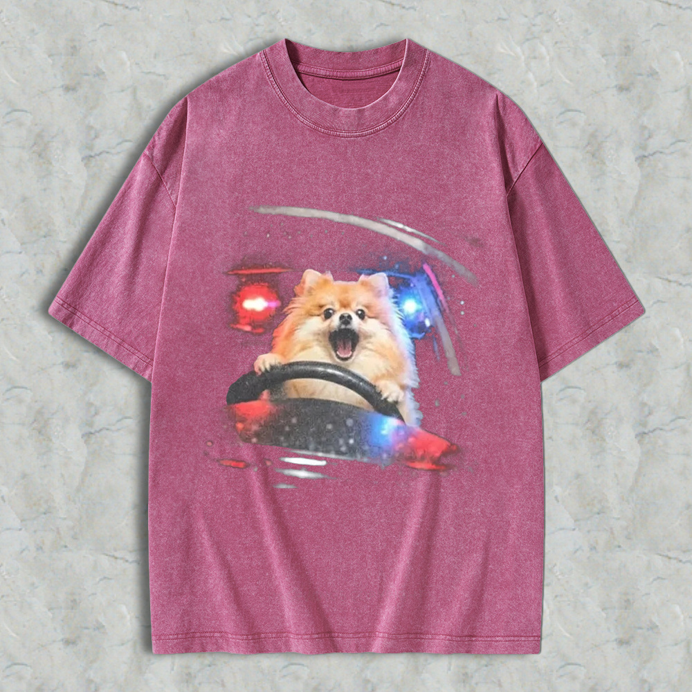 Funny Dog Driving Car With Police Lights Graphic Washed T-shirt
