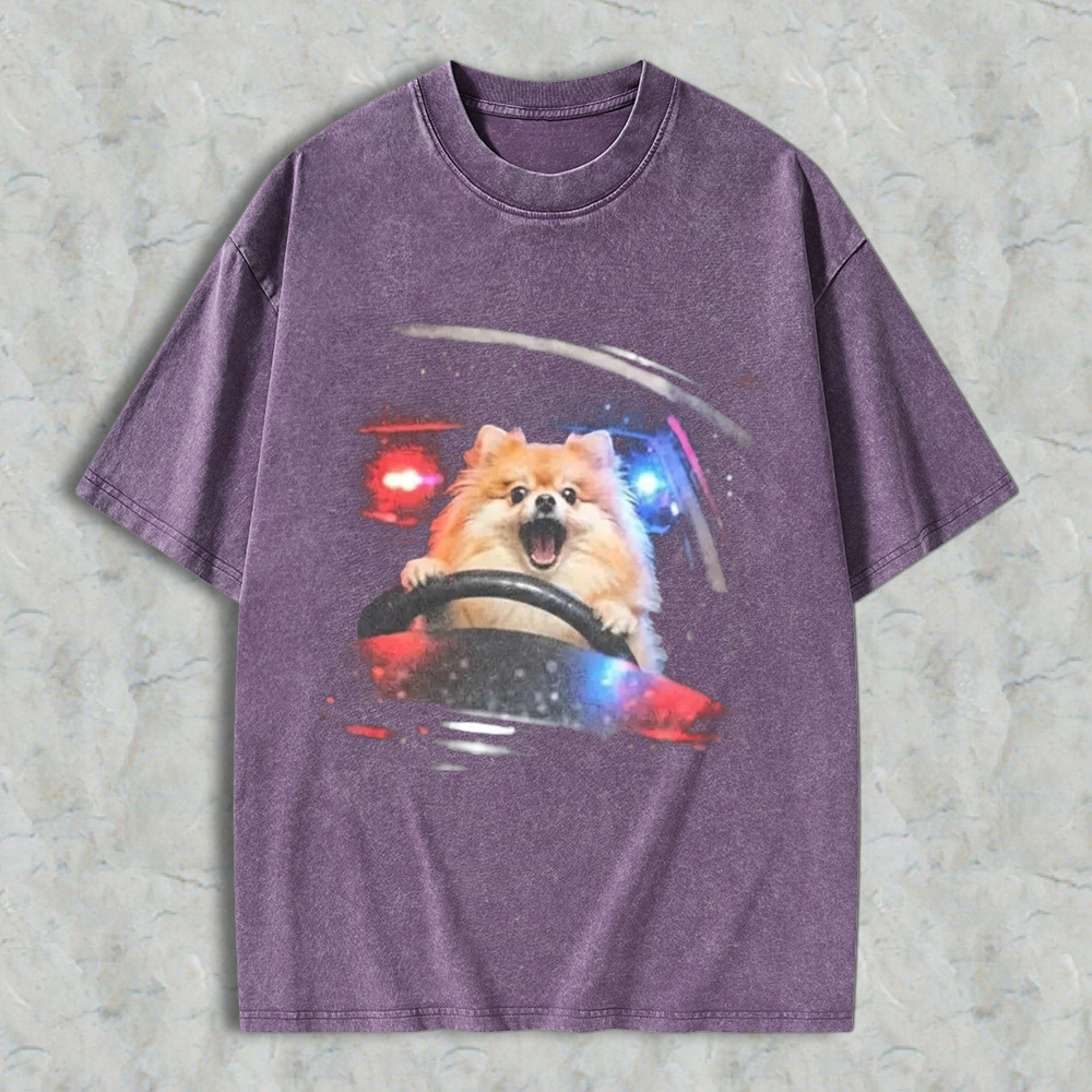 Funny Dog Driving Car With Police Lights Graphic Washed T-shirt