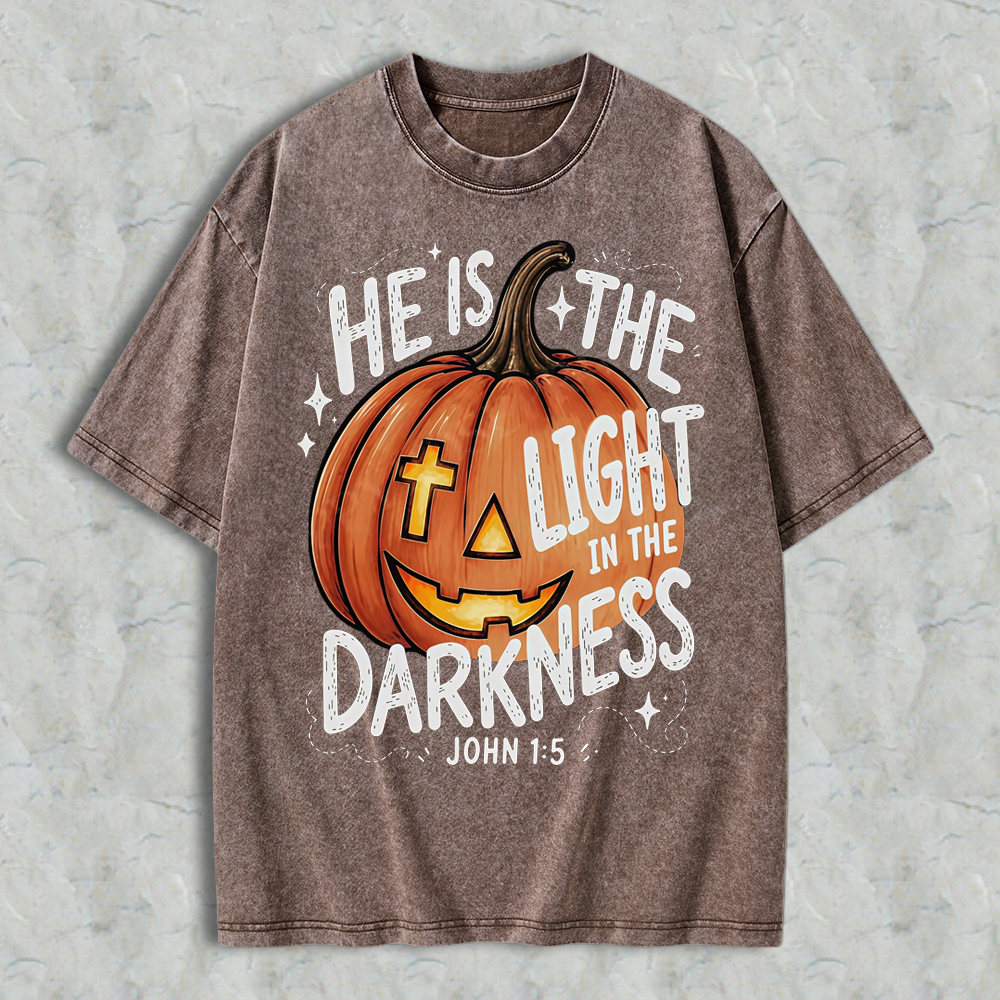 Pumpkin Graphic T-Shirt With Quote He Is The Light In The Darkness, Vintage Washed Tee