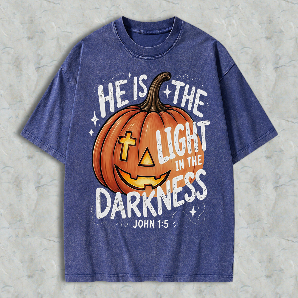 Pumpkin Graphic T-Shirt With Quote He Is The Light In The Darkness, Vintage Washed Tee