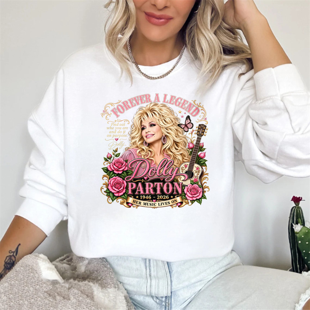 Forever A Legend Dolly Parton 1946 2026 Her Music Lives On Guitar Roses Sweatshirt
