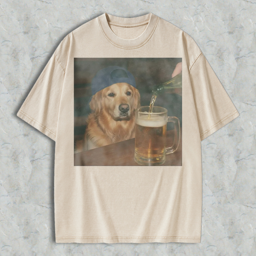 Golden Retriever Dog Watching Beer Being Poured Into Mug Graphic Washed T-shirt