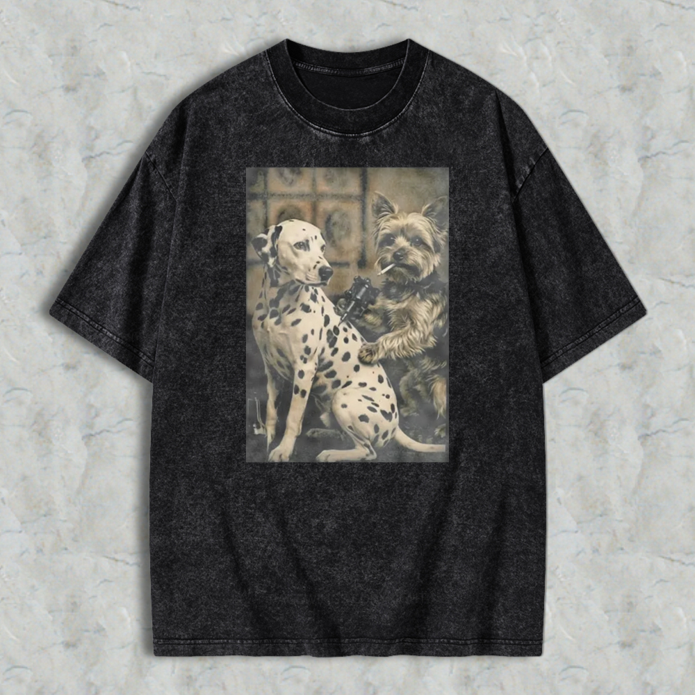 Dalmatian And Yorkshire Terrier Holding Gun And Cigar Vintage Art Washed T-shirt