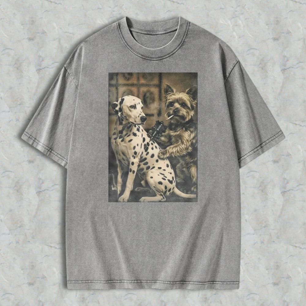 Dalmatian And Yorkshire Terrier Holding Gun And Cigar Vintage Art Washed T-shirt