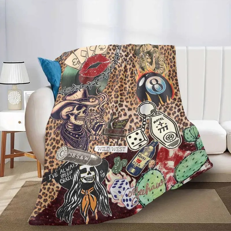 Vintage Western Cowboy Skull Leopard Print Flannel Throw Blanket Lightweight Home Decor