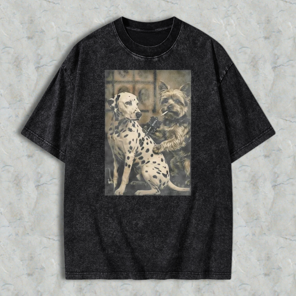 Dalmatian And Yorkshire Terrier Holding Gun And Cigar Vintage Art Washed T-shirt