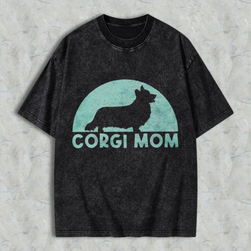 Corgi Mom Silhouette Retro Sun Vintage Washed T-shirt
