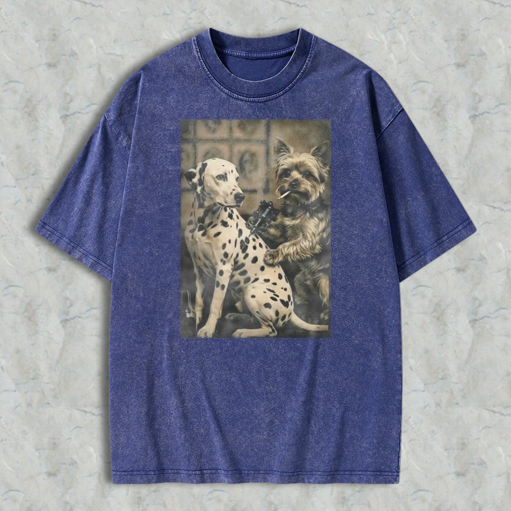 Dalmatian And Yorkshire Terrier Holding Gun And Cigar Vintage Art Washed T-shirt