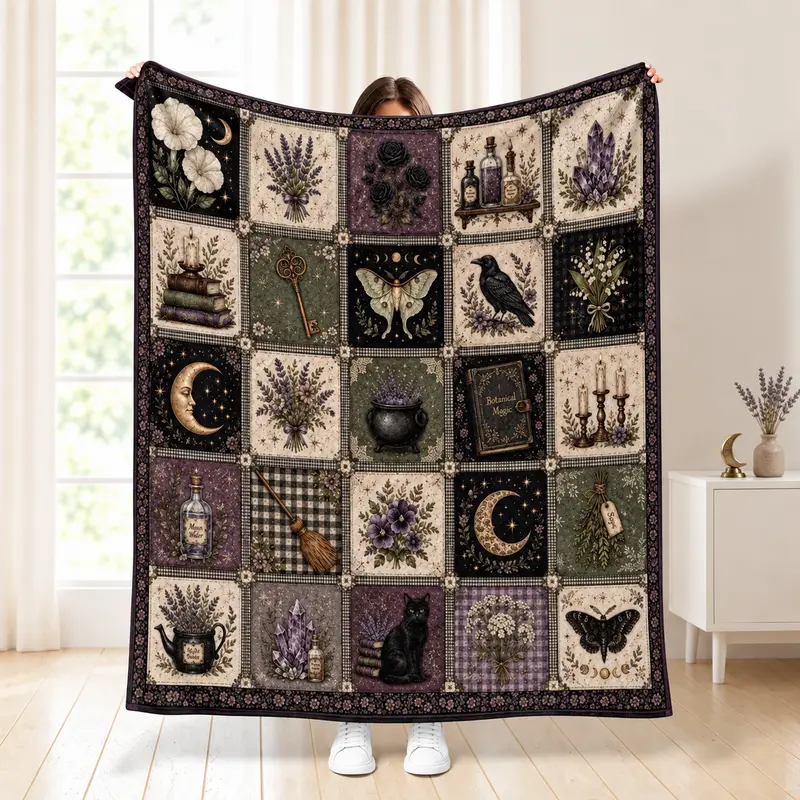 Gothic Witch Flannel Blanket, Dark Cottagecore Throw, Lavender Moon Raven Patchwork Blanket, Botanical Magic Bedding