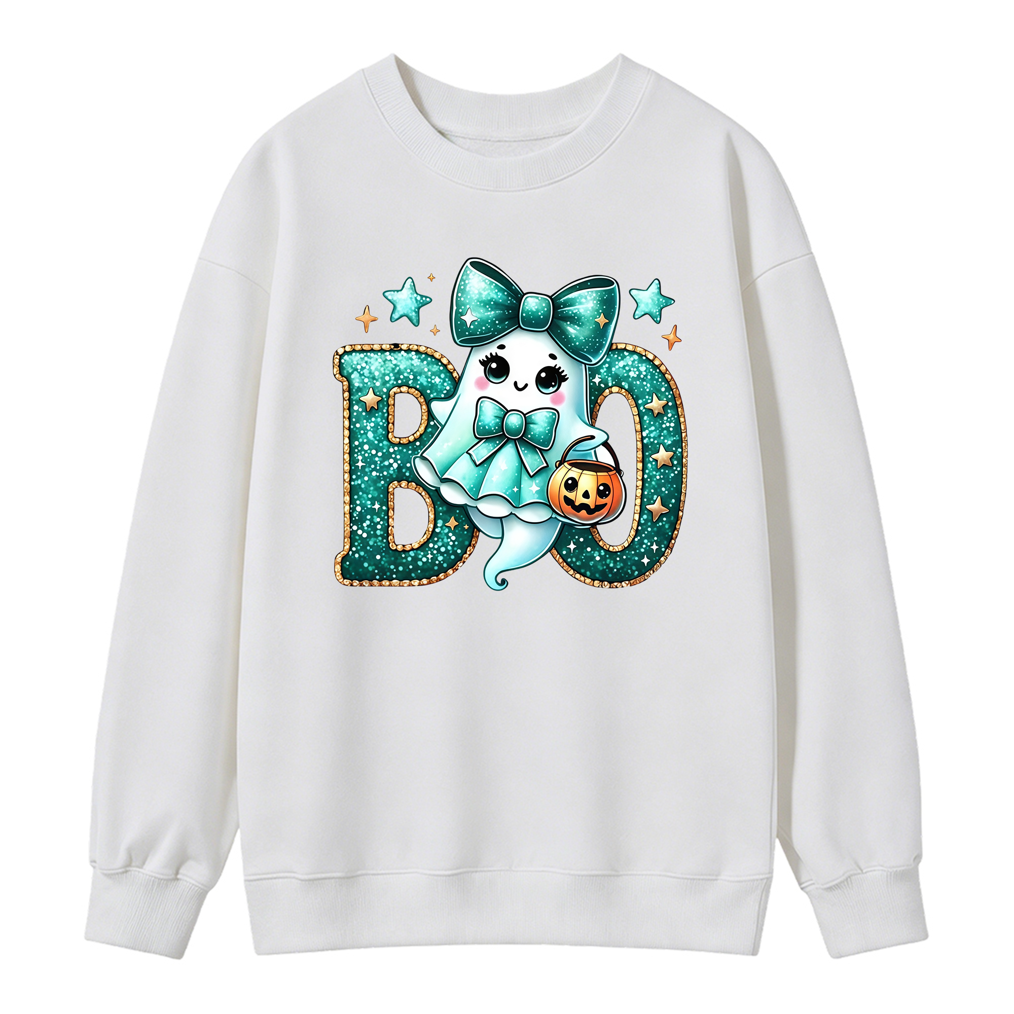 Glitter Teal Ghost with Bow Halloween Sweatshirt