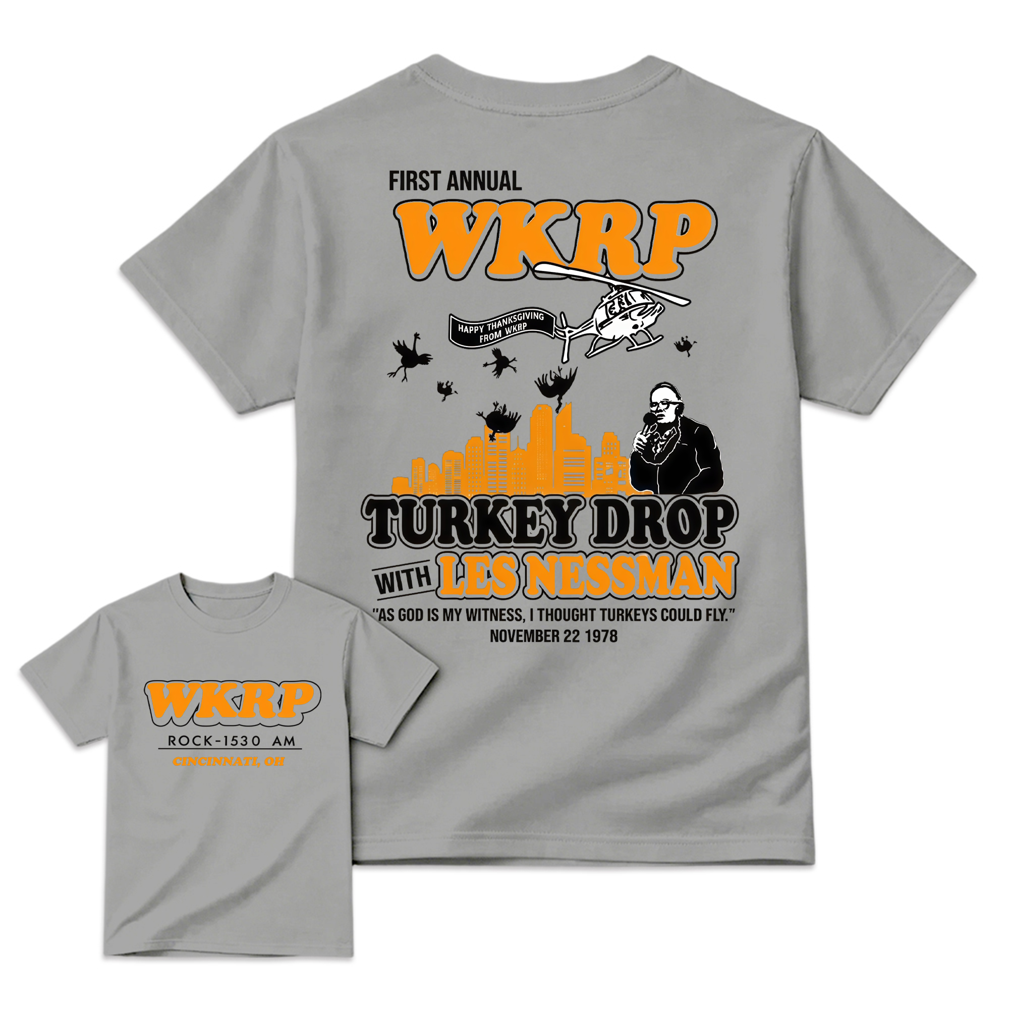 WKRP Turkey Drop T-Shirt, Les Nessman Thanksgiving Graphic Tee