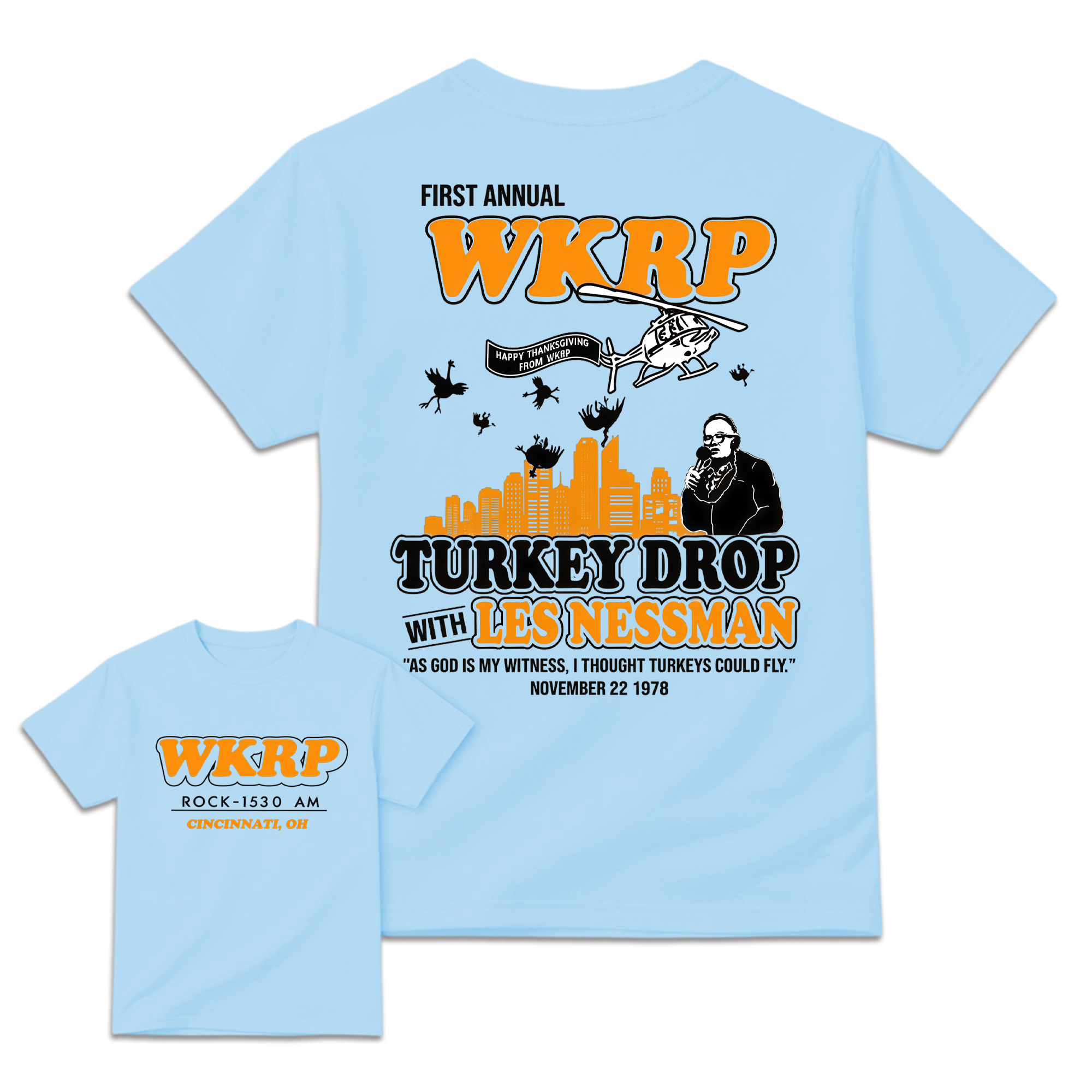 WKRP Turkey Drop T-Shirt, Les Nessman Thanksgiving Graphic Tee
