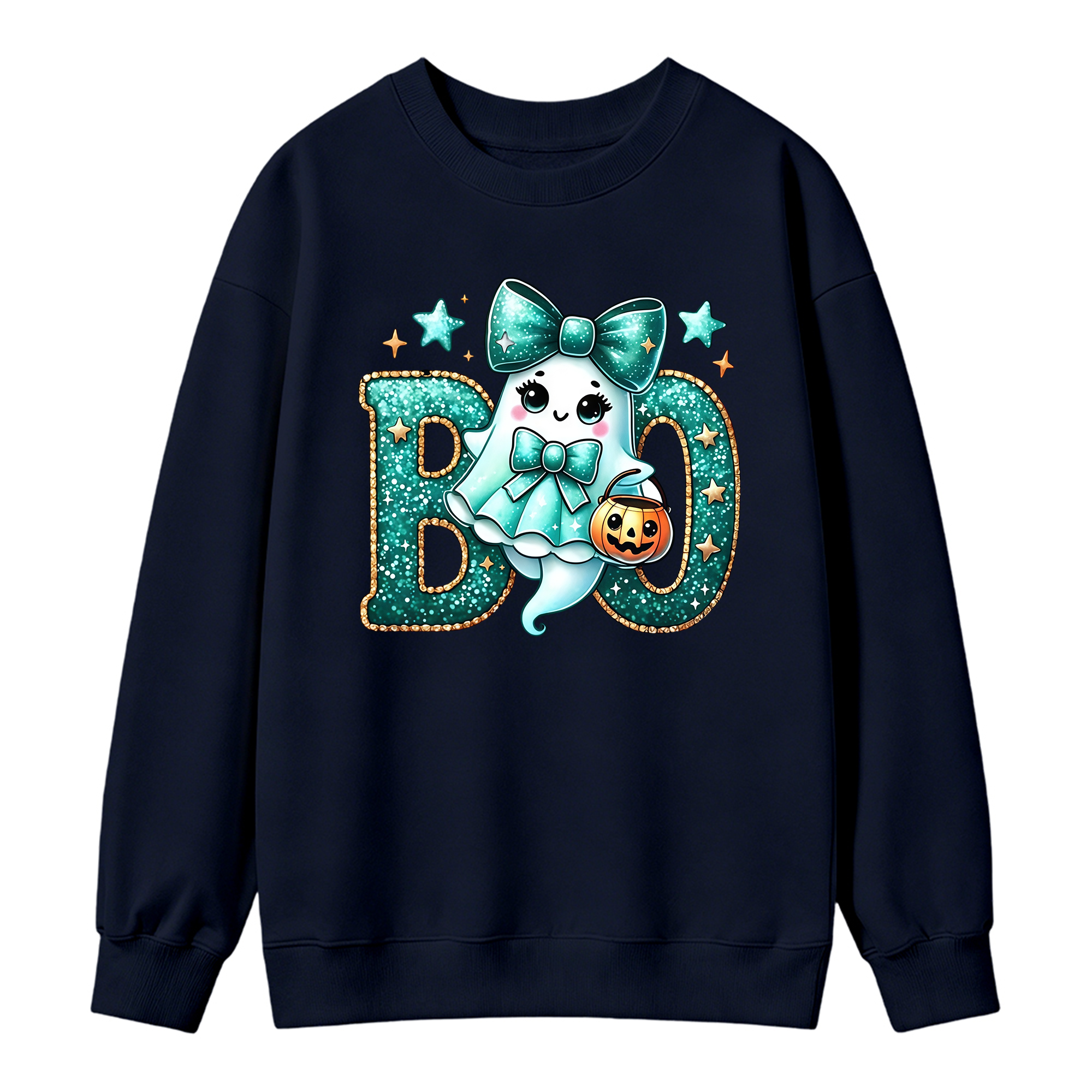 Glitter Teal Ghost with Bow Halloween Sweatshirt