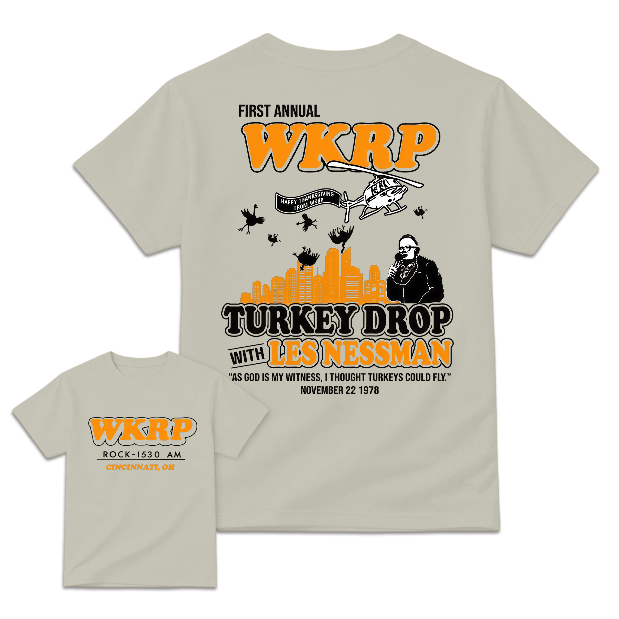 WKRP Turkey Drop T-Shirt, Les Nessman Thanksgiving Graphic Tee