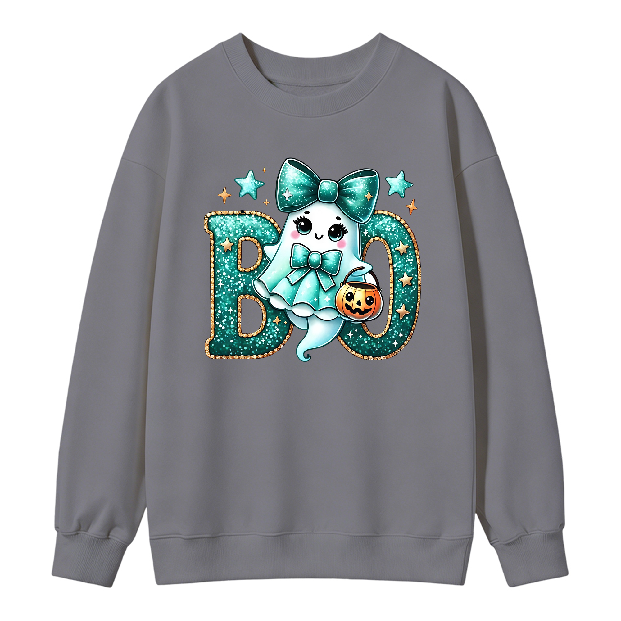 Glitter Teal Ghost with Bow Halloween Sweatshirt