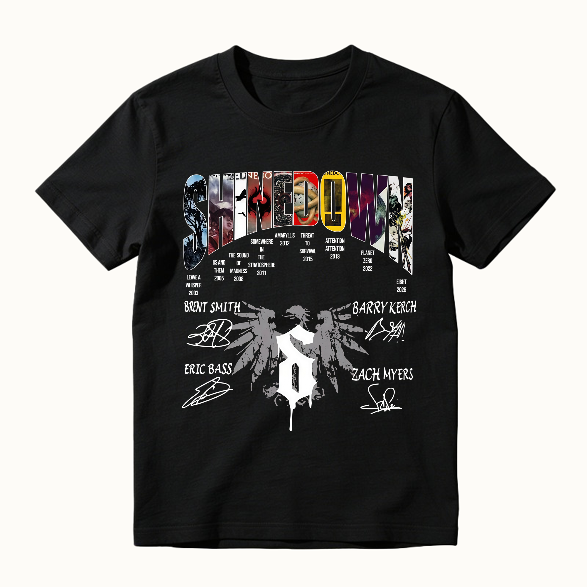 Shined0wn Discography T-Shirt, Vintage Rock Band Album Collection Shirt