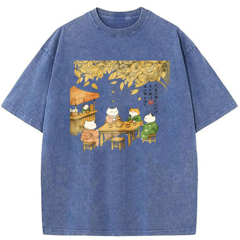 Cats Tea Gathering Autumn Leaves Scene tshirt 100% cotton
