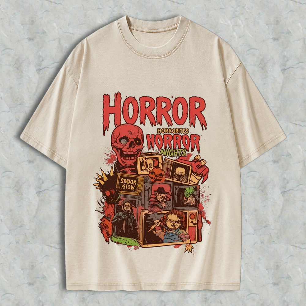 Retro Halloween Horror Nights Acid Wash Streetwear Graphic Washed T-Shirt