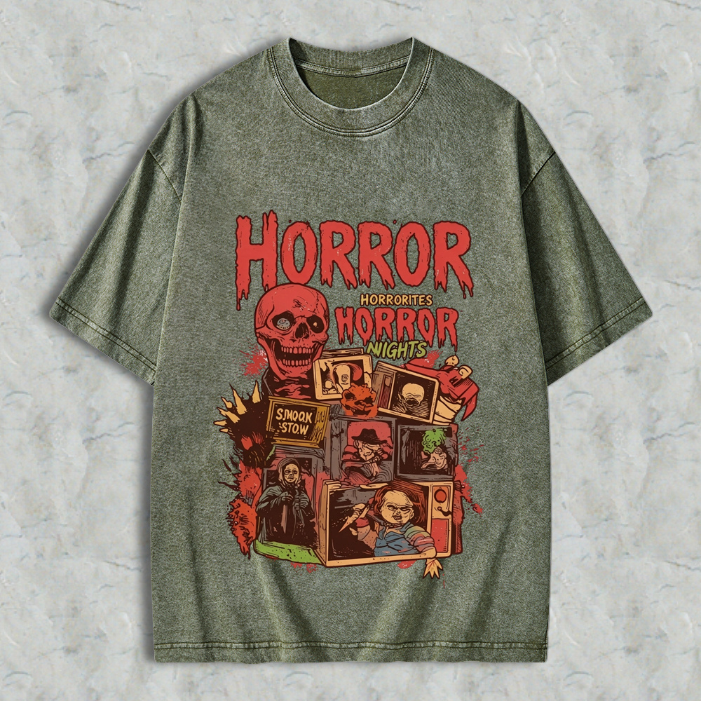 Retro Halloween Horror Nights Acid Wash Streetwear Graphic Washed T-Shirt