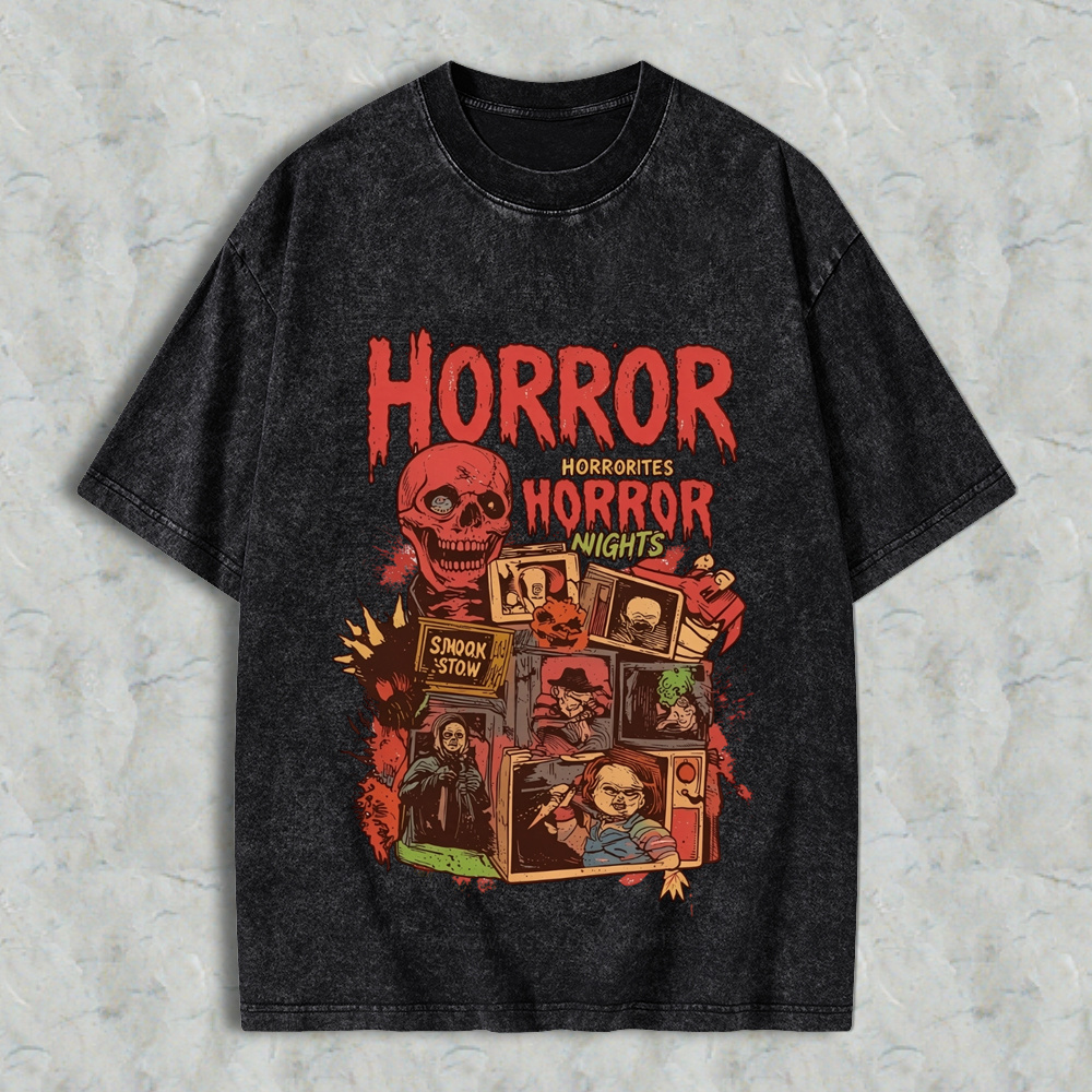 Retro Halloween Horror Nights Acid Wash Streetwear Graphic Washed T-Shirt