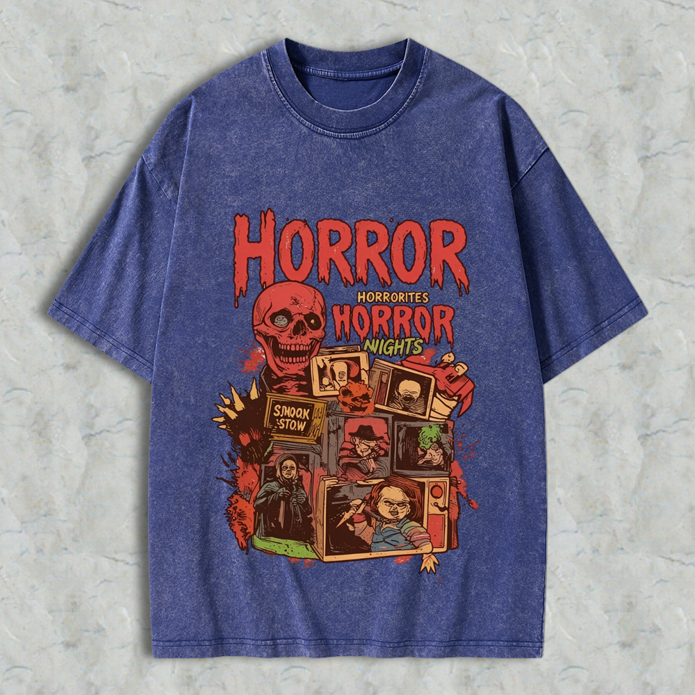 Retro Halloween Horror Nights Acid Wash Streetwear Graphic Washed T-Shirt