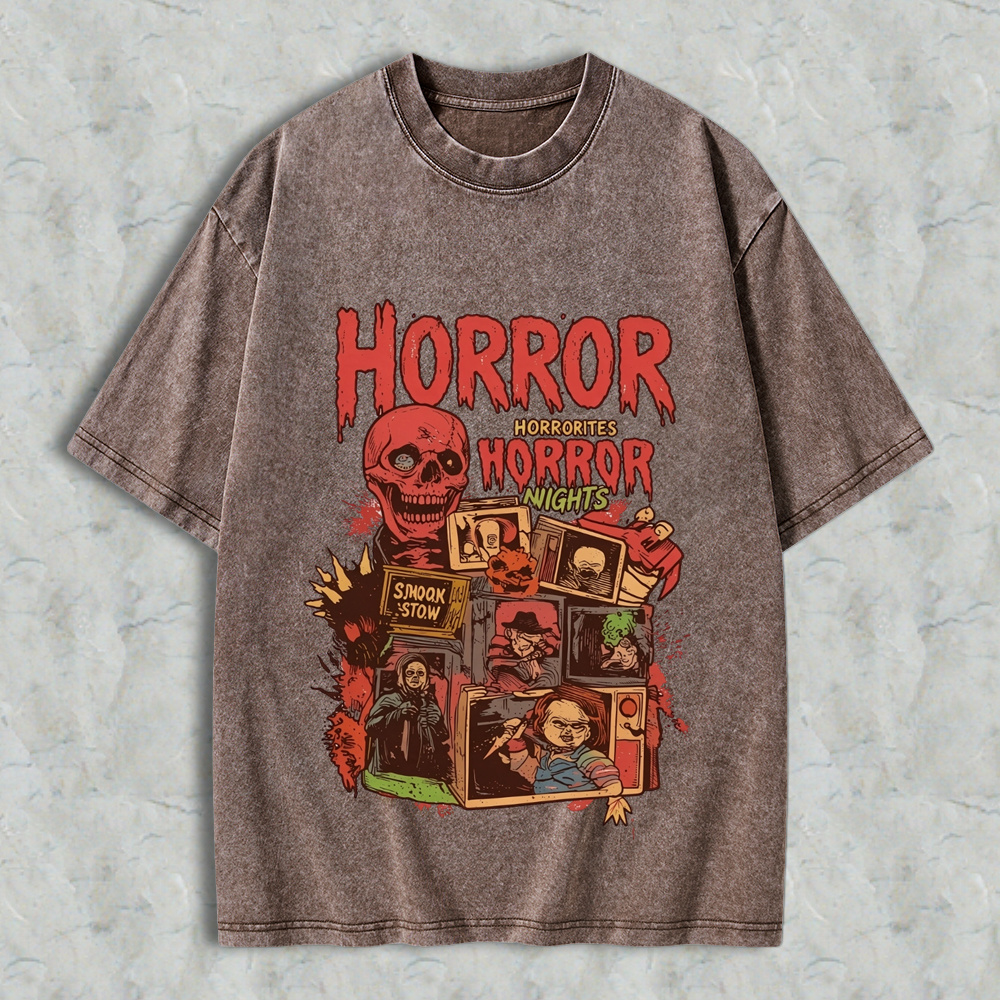 Retro Halloween Horror Nights Acid Wash Streetwear Graphic Washed T-Shirt