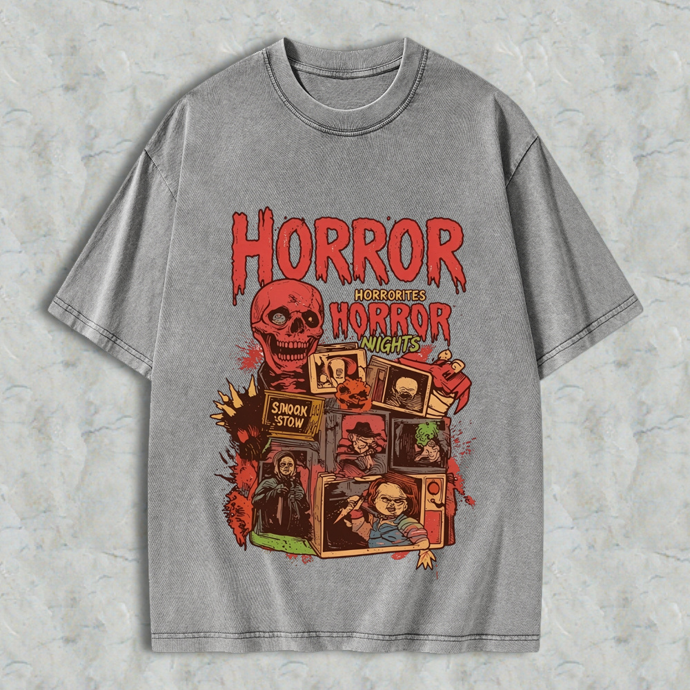 Retro Halloween Horror Nights Acid Wash Streetwear Graphic Washed T-Shirt