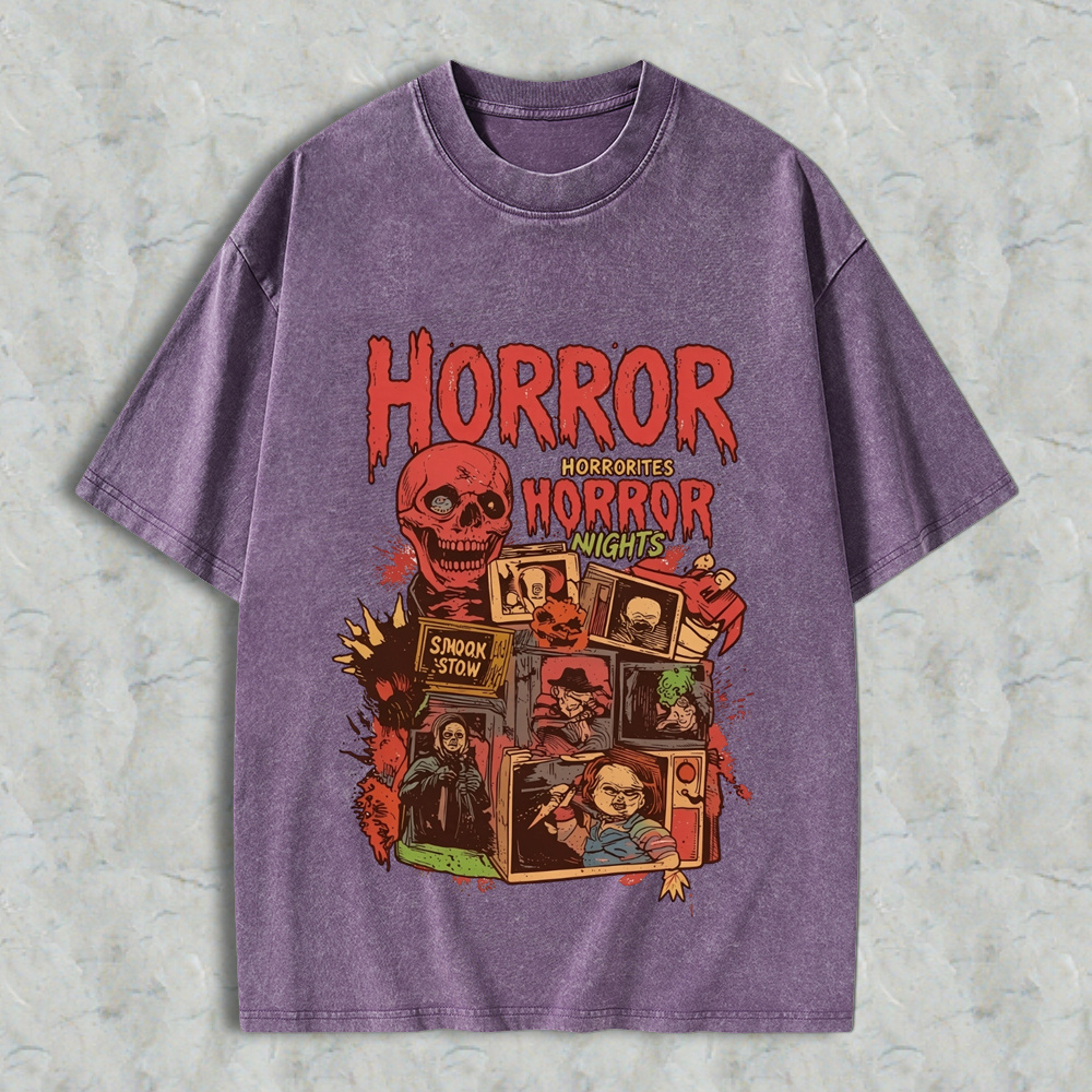 Retro Halloween Horror Nights Acid Wash Streetwear Graphic Washed T-Shirt