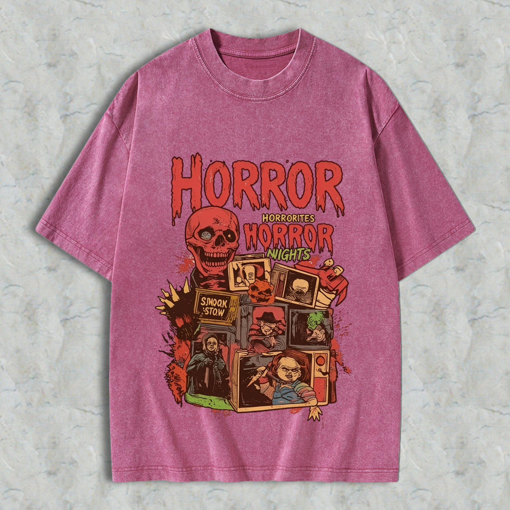 Retro Halloween Horror Nights Acid Wash Streetwear Graphic Washed T-Shirt