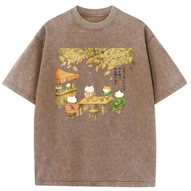 Cats Tea Gathering Autumn Leaves Scene tshirt 100% cotton