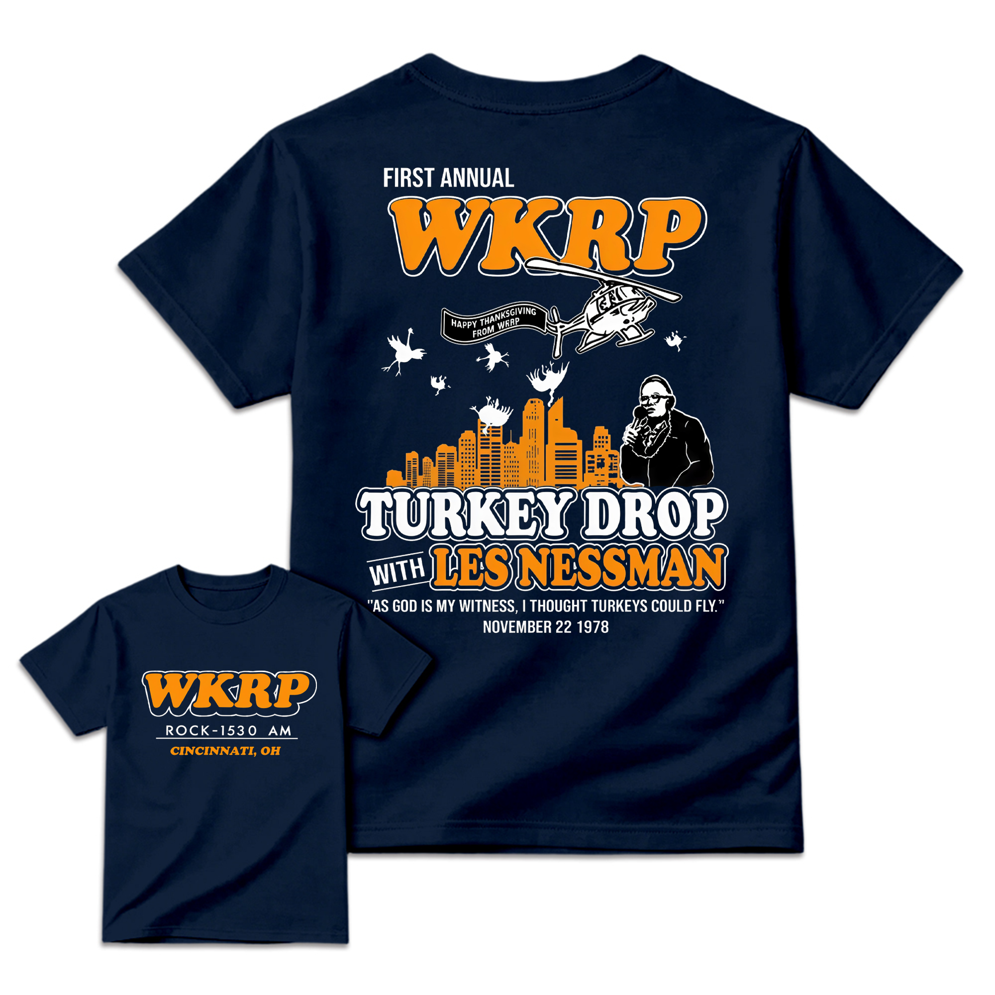 WKRP Turkey Drop T-Shirt, Les Nessman Thanksgiving Graphic Tee