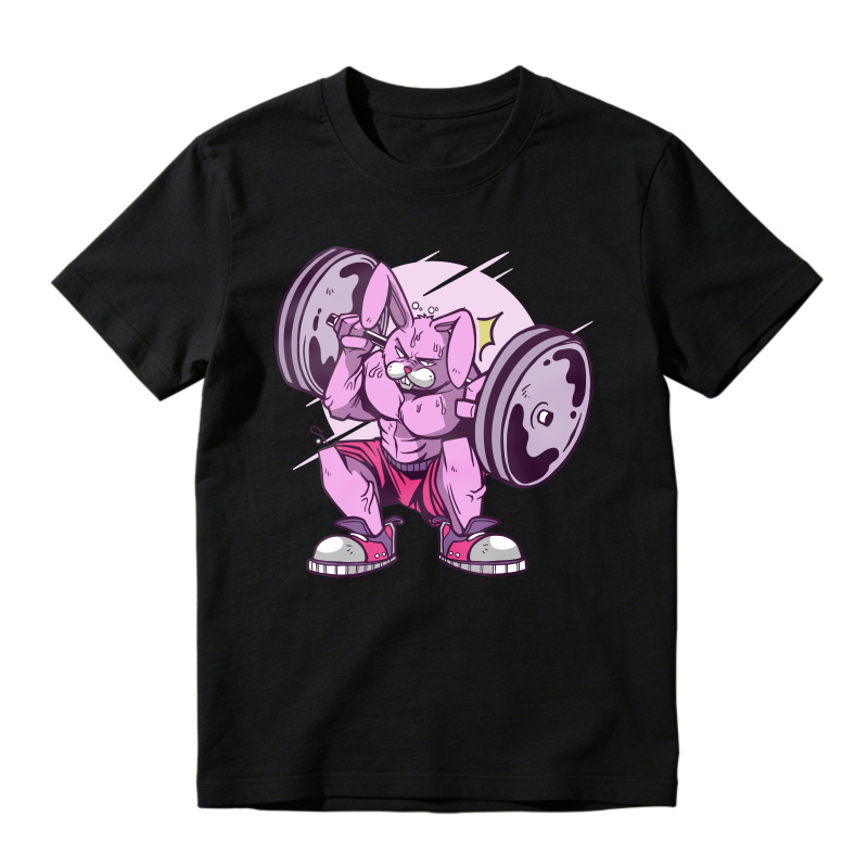 Pink Bunny Lifting Barbell Weightlifting Cartoon Graphic, Unisex Classic T-shirt