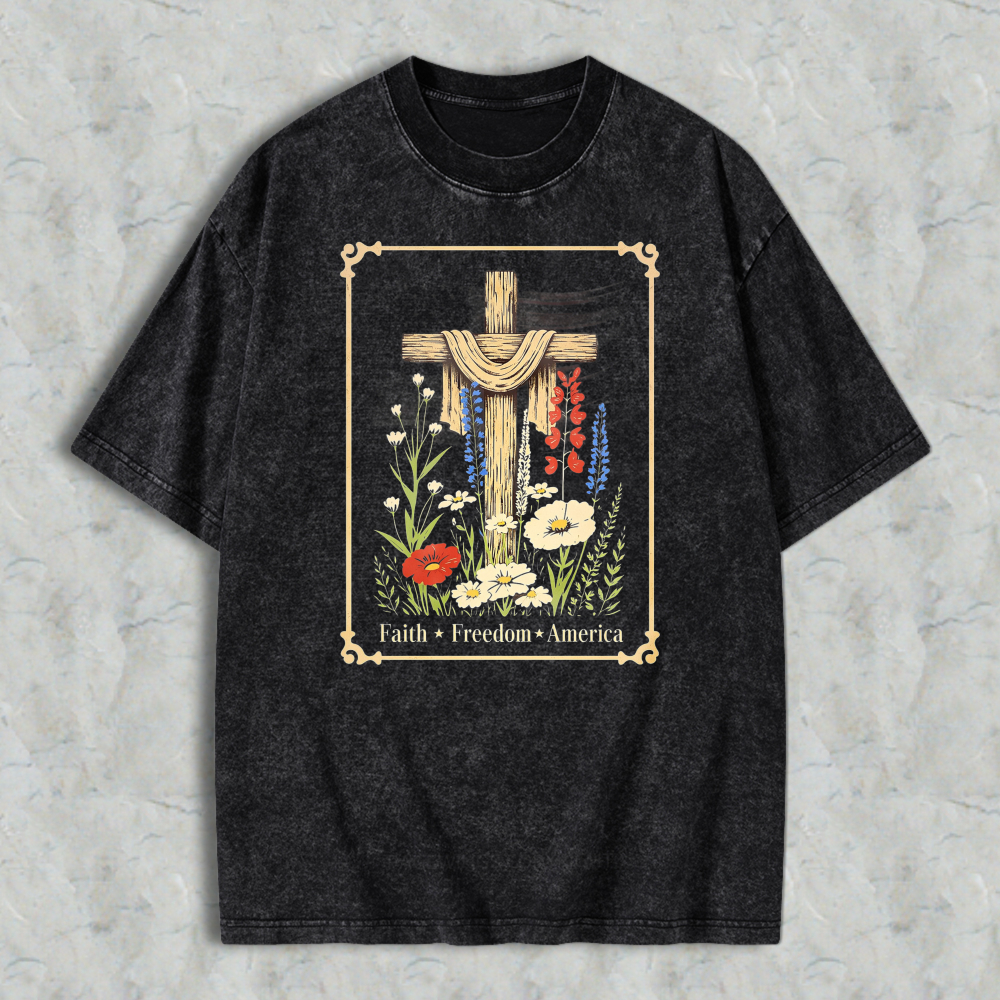 Cross With Flowers And Text Faith Freedom America Washed T-shirt