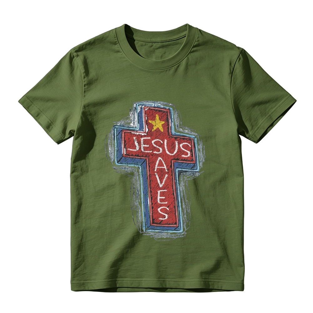 Jesus Saves Neon Sign Graphic Tee | Christian Faith Cross T-Shirt