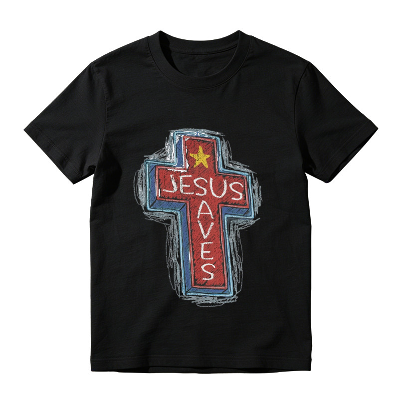Jesus Saves Neon Sign Graphic Tee | Christian Faith Cross T-Shirt