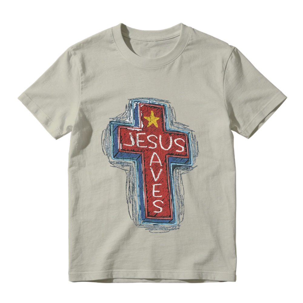 Jesus Saves Neon Sign Graphic Tee | Christian Faith Cross T-Shirt