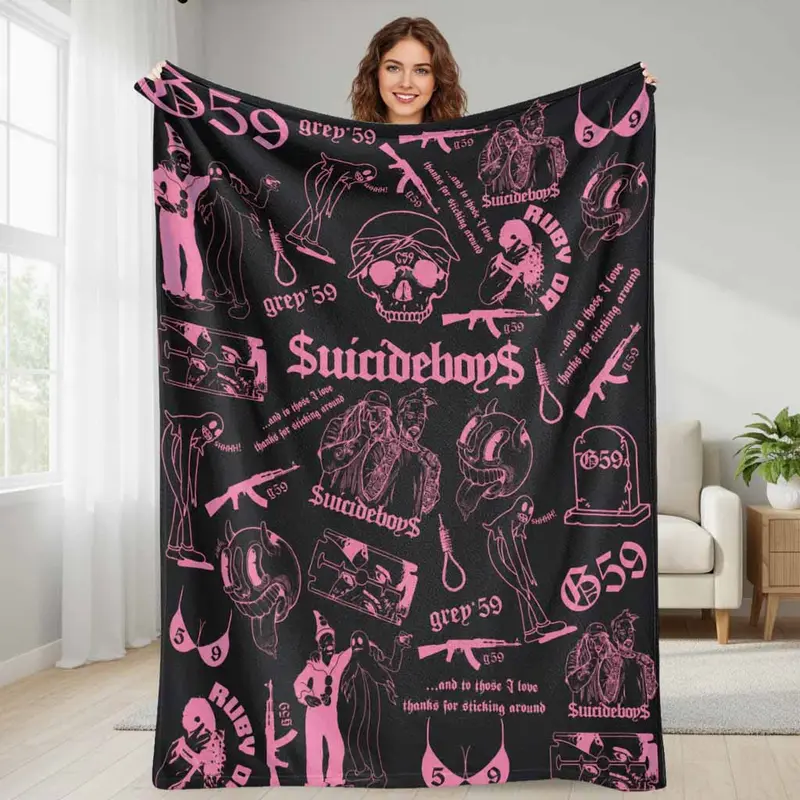 $uicideboy$ G59 Gothic Graphic Flannel Blanket - Pink Skull Print Soft Throw for Sofa Bed, Dark Aesthetic Hip Hop Fan Gift