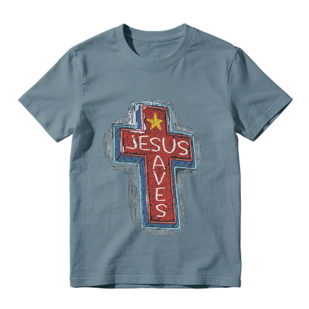 Jesus Saves Neon Sign Graphic Tee | Christian Faith Cross T-Shirt