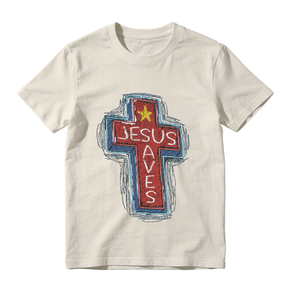 Jesus Saves Neon Sign Graphic Tee | Christian Faith Cross T-Shirt