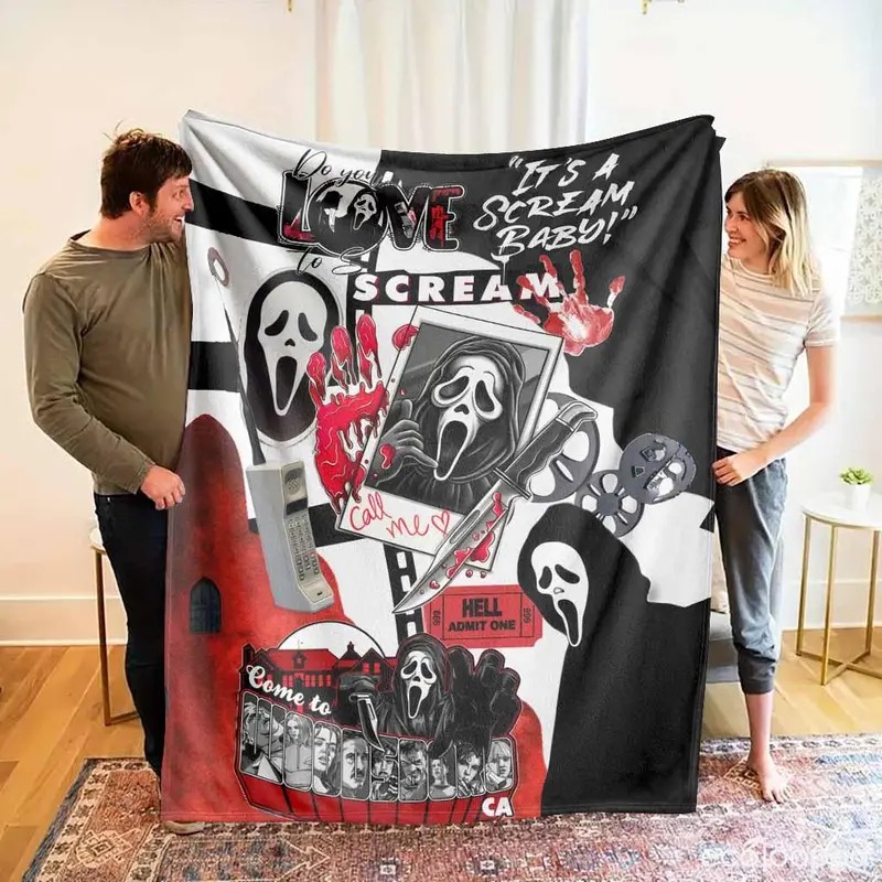 Spooky Ghost Mask Flannel Blanket Ultra Soft Anti-Pilling Halloween Decor Travel Throw