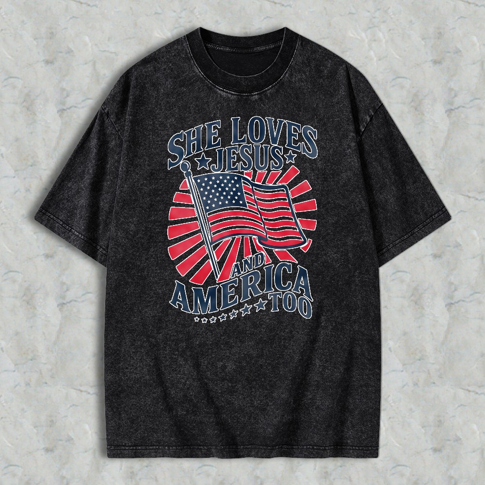 She Loves Jesus And America Too American Flag Design Washed T-shirt