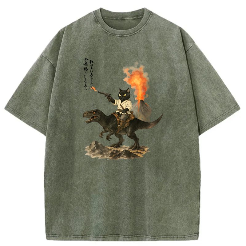 Cat Riding Dinosaur With Volcano Background tshirt 100% cotton