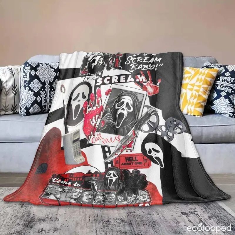 Spooky Ghost Mask Flannel Blanket Ultra Soft Anti-Pilling Halloween Decor Travel Throw