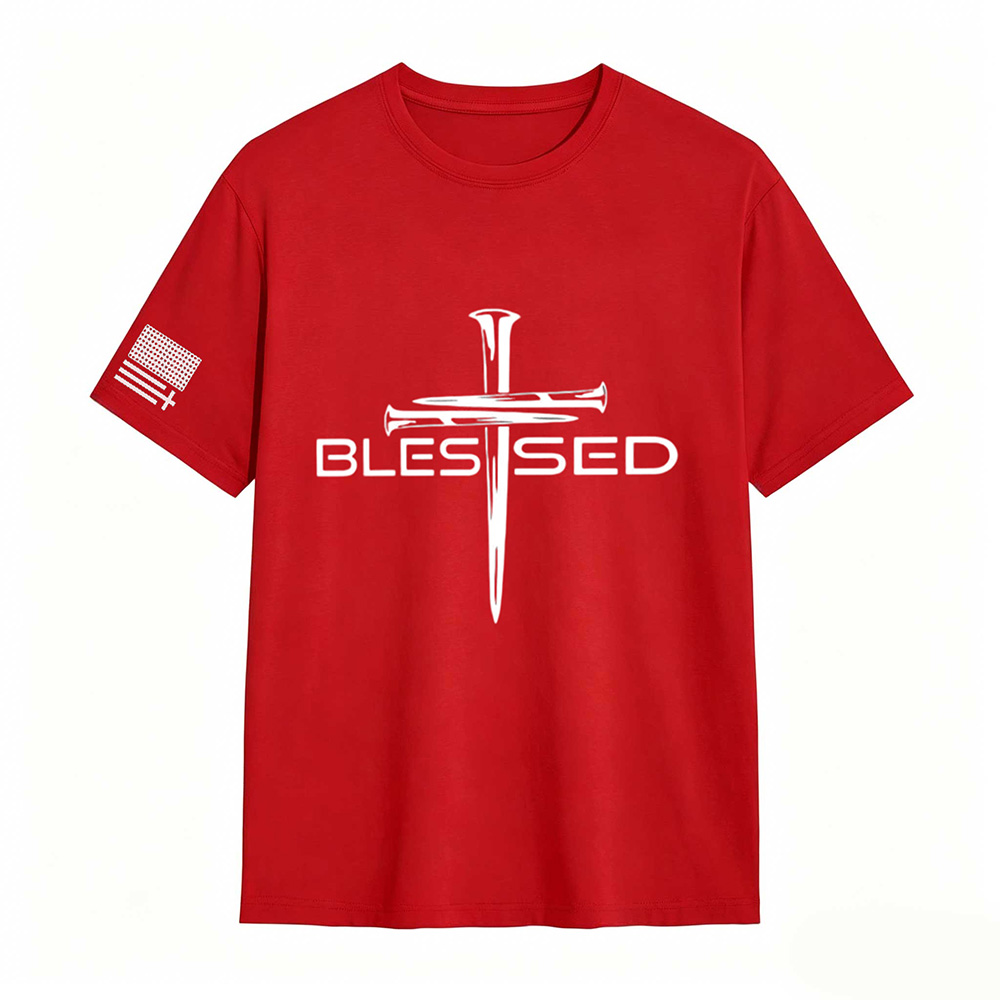 Mens Christian Shirt Nail Cross Blessed Short Sleeve T-shirt Graphic Tee