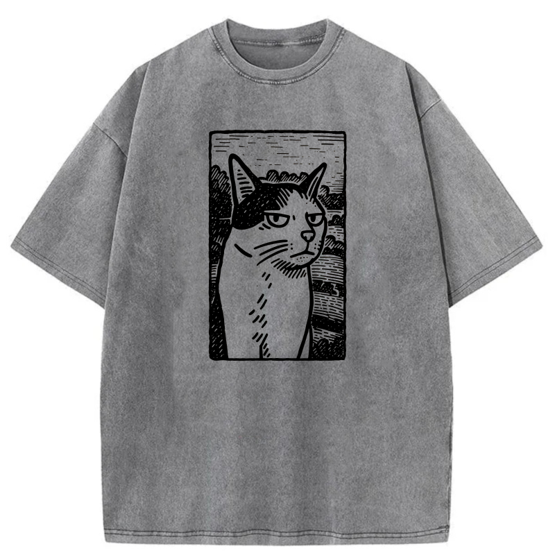 Cat Portrait In White Line Art Style tshirt 100% cotton