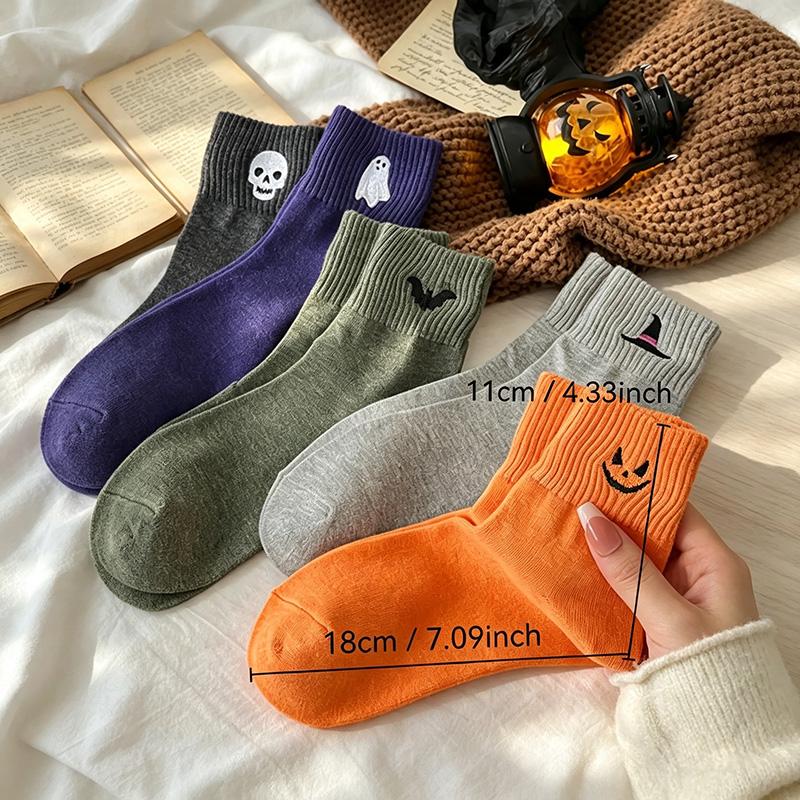 Women's Viral Cute Halloween Crew Socks Set (5 Pairs) - Multicolor Cartoonish Pumpkin Ghost Mid-Calf Knit Socks, Fitted Soft Stretch Warm Fall Winter Essentials, Halloween Stuff for Women for Everyday Wear & Gifts