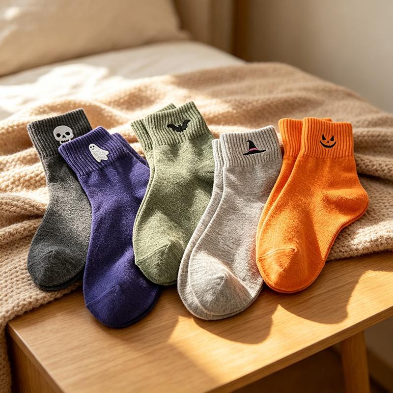 Women's Viral Cute Halloween Crew Socks Set (5 Pairs) - Multicolor Cartoonish Pumpkin Ghost Mid-Calf Knit Socks, Fitted Soft Stretch Warm Fall Winter Essentials, Halloween Stuff for Women for Everyday Wear & Gifts